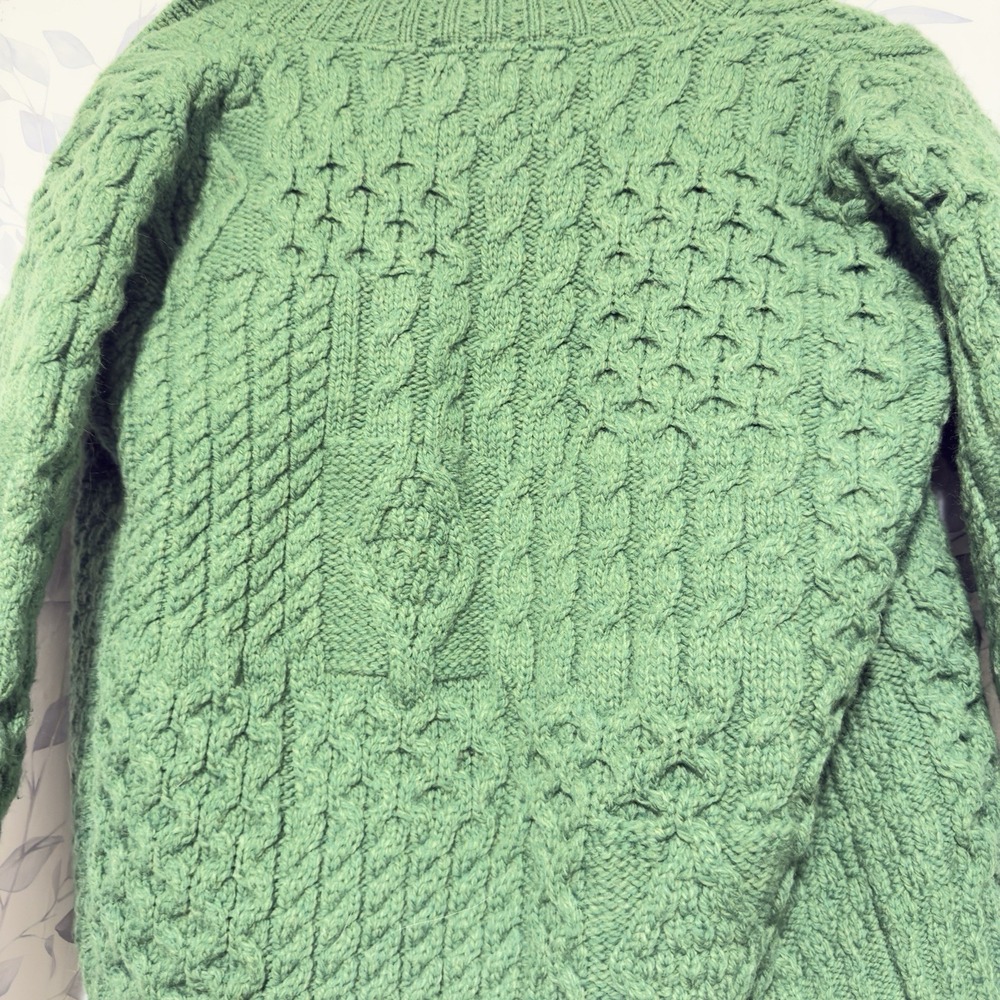 Irish Aran Crafts Women Ireland Size Small 100% Merino Wool Cardigan Green - Picture 4 of 7